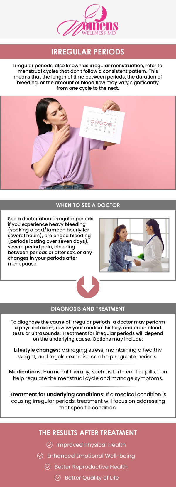 Irregular menstrual bleeding refers to changes in the frequency, duration, or volume of menstrual periods. It may be caused by hormonal imbalances, stress, or underlying health conditions. Dr. Chetanna Okasi, MD, Board-Certified OB-GYN at Women’s Wellness MD, offers personalized evaluations to determine the cause and recommended appropriate care. For more information, contact us or request an appointment online. We have convenient locations to serve you in Columbia, MD & Greenbelt, MD.