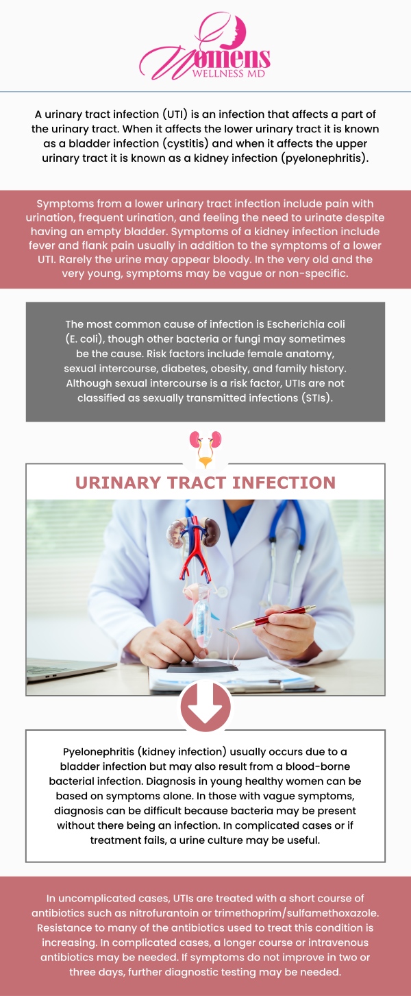 A urinary tract infection (UTI) is a common bacterial infection affecting any part of the urinary system, from the kidneys to the bladder and urethra. Symptoms often include frequent, painful urination and a persistent urge to go. If left untreated, UTIs can lead to more serious kidney infections, so timely medical attention is crucial. At Women's Wellness MD, Dr. Chetanna Okasi, MD, a Board-Certified OB-GYN, and her team understand these concerns. For more information, contact us or request an appointment online. We have convenient locations to serve you in Columbia, MD & Greenbelt, MD.